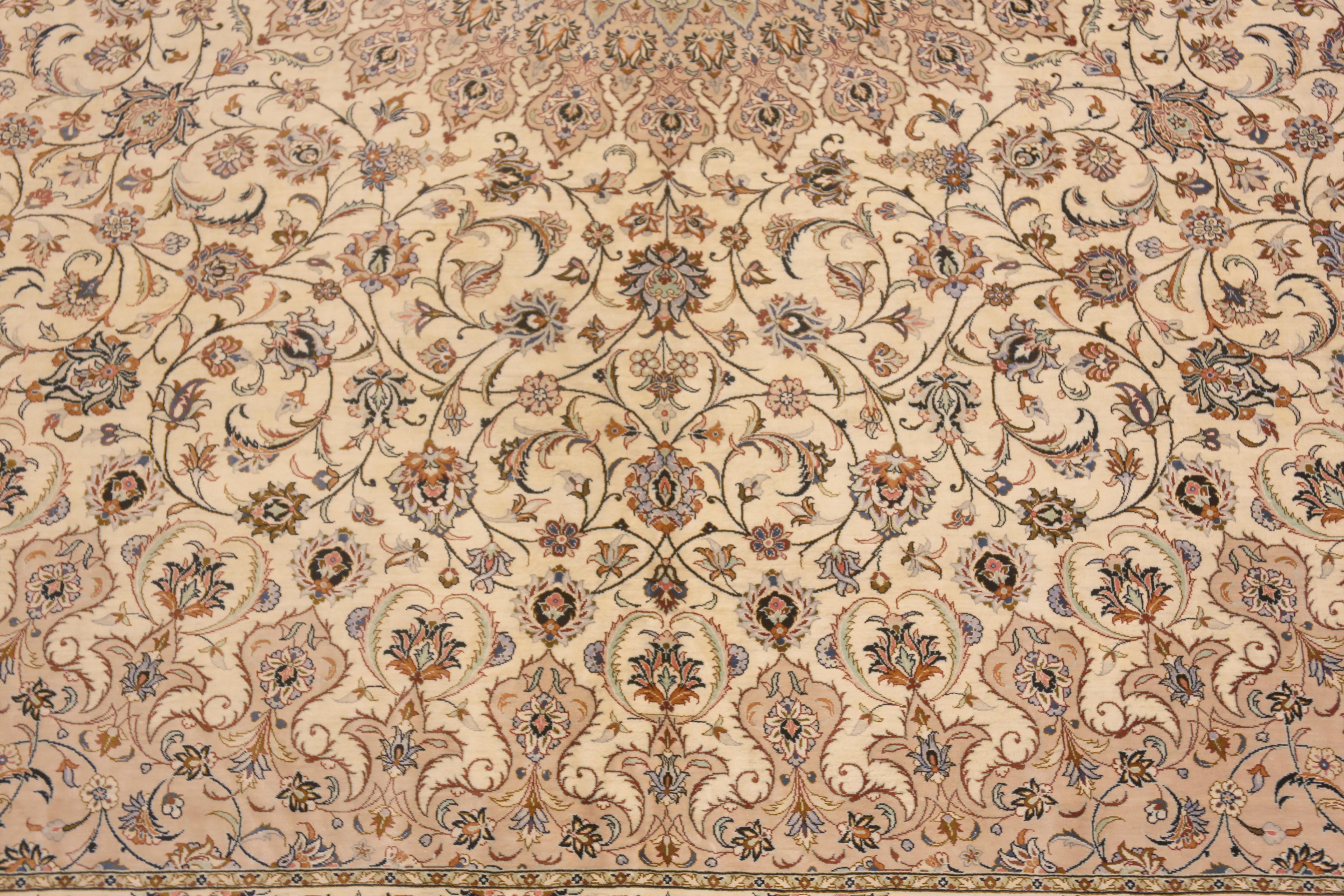 20th Century Luxurious Light Ivory Floral Silk Persian Gonbad Square Qum Rug 9'10