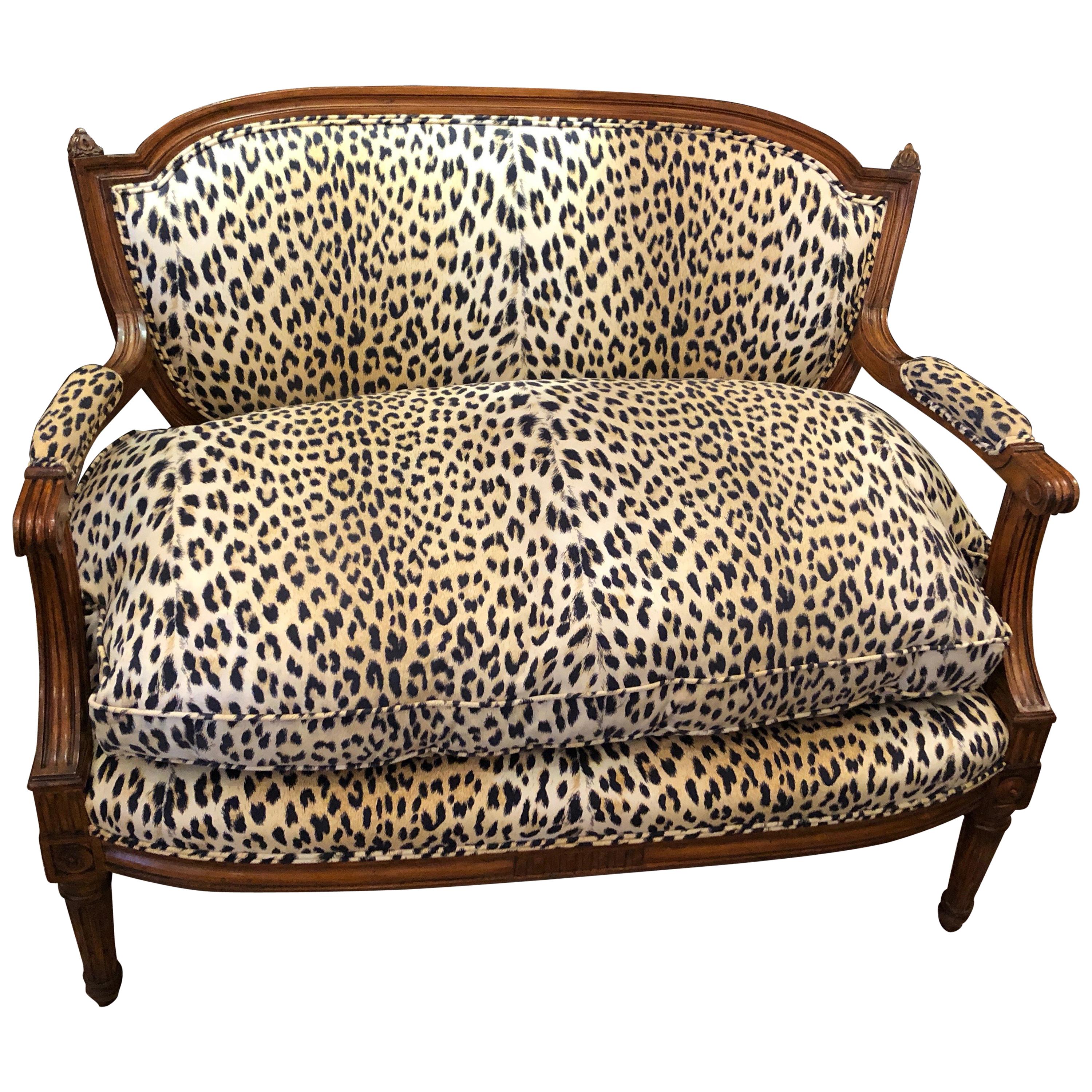 Luxurious Louis XIV Carved Walnut and Faux Leopard Loveseat Settee