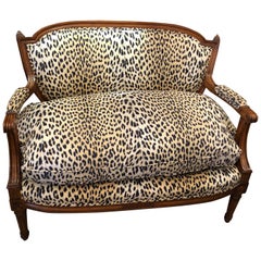 Luxurious Louis XIV Carved Walnut and Faux Leopard Loveseat Settee