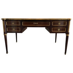 Vintage Luxurious Mahogany and Green Tooled Leather Writing Desk with Brass Decoration