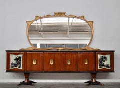 Luxurious Mahogany Credenza with Pear, Brass, and Marbled Glass by F.lli Rigamon