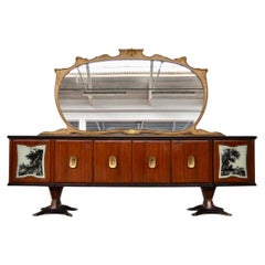 Luxueuse crédence en acajou avec poire, laiton et verre marbré par F.lli Rigamon