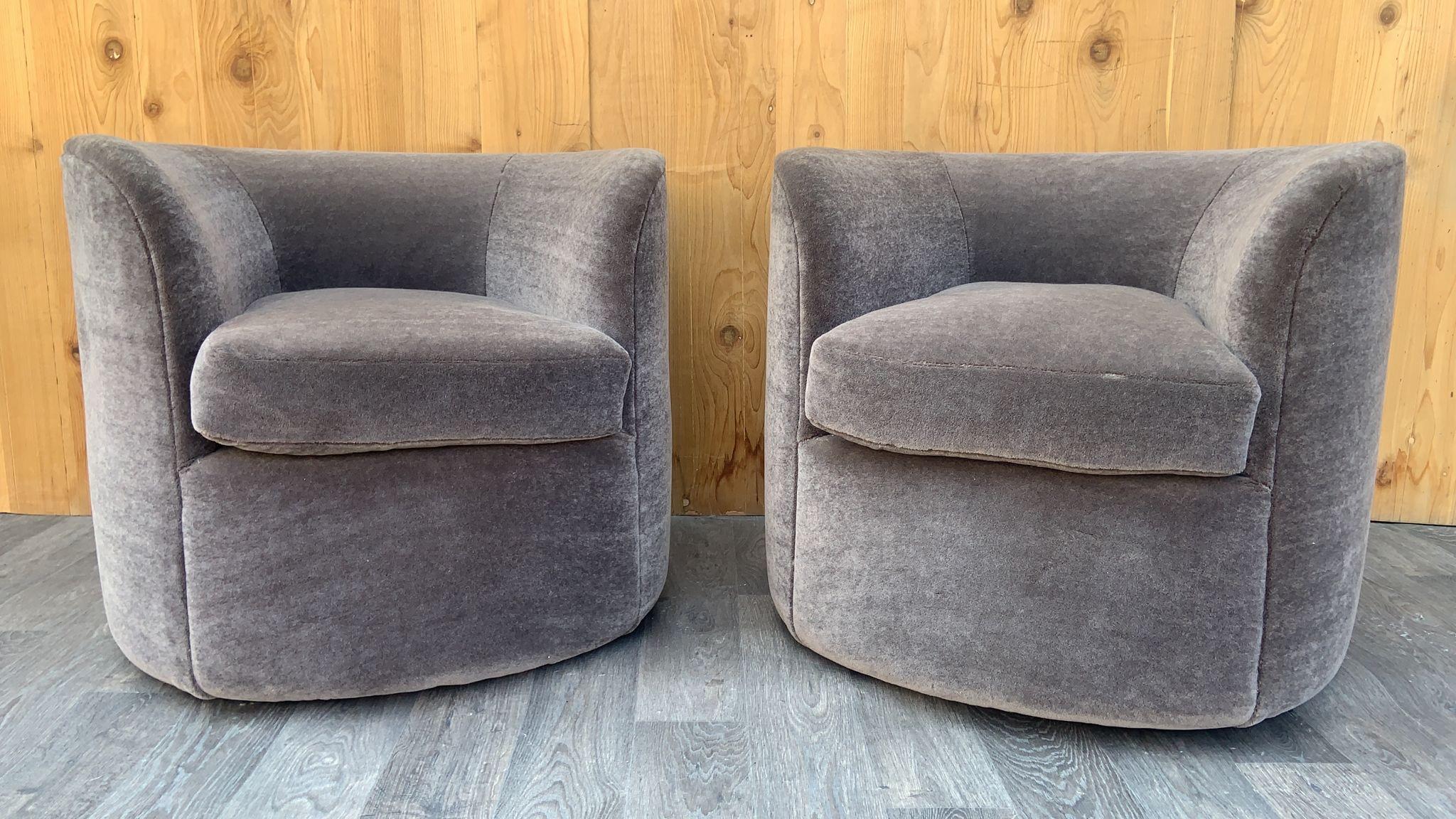 Mid Century Modern Faudet-Harrison Designed Continuous Swivel Tub Lounges for SCP England Newly Upholstered in a High End Plush “Smoked-Ash ”Italian Mohair - Pair 

Made in Norfolk, England for SCP.

Circa 2012

Dimensions:
H 27.5”
W 31.8”
D