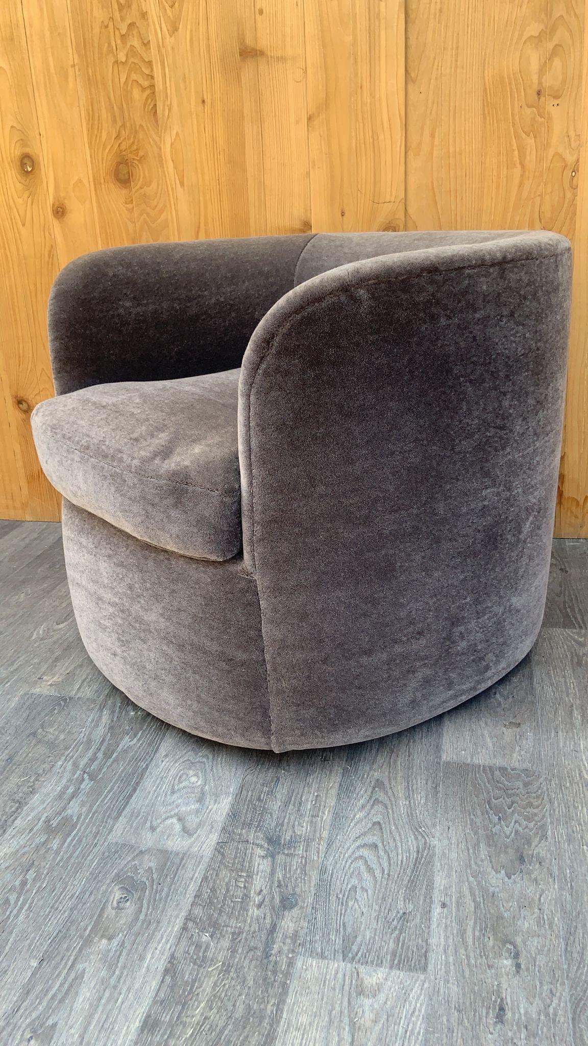 British Luxurious Mid Century Faudet-Harrison Swivel Tub Chairs - Newly Upholstered Pair For Sale