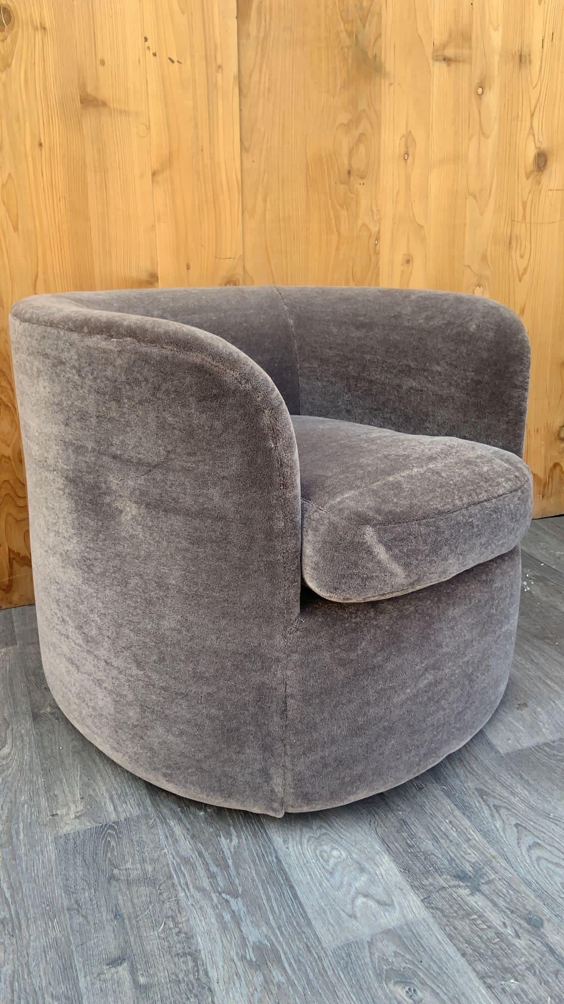 Hand-Crafted Luxurious Mid Century Faudet-Harrison Swivel Tub Chairs - Newly Upholstered Pair For Sale