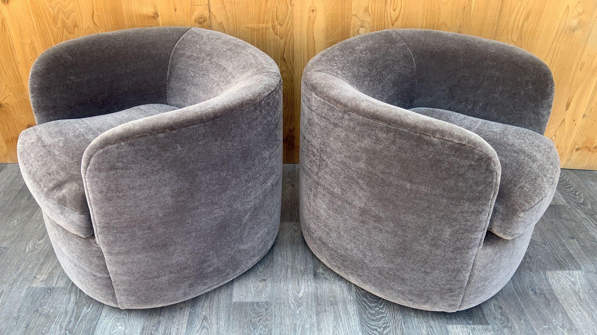 Contemporary Luxurious Mid Century Faudet-Harrison Swivel Tub Chairs - Newly Upholstered Pair For Sale