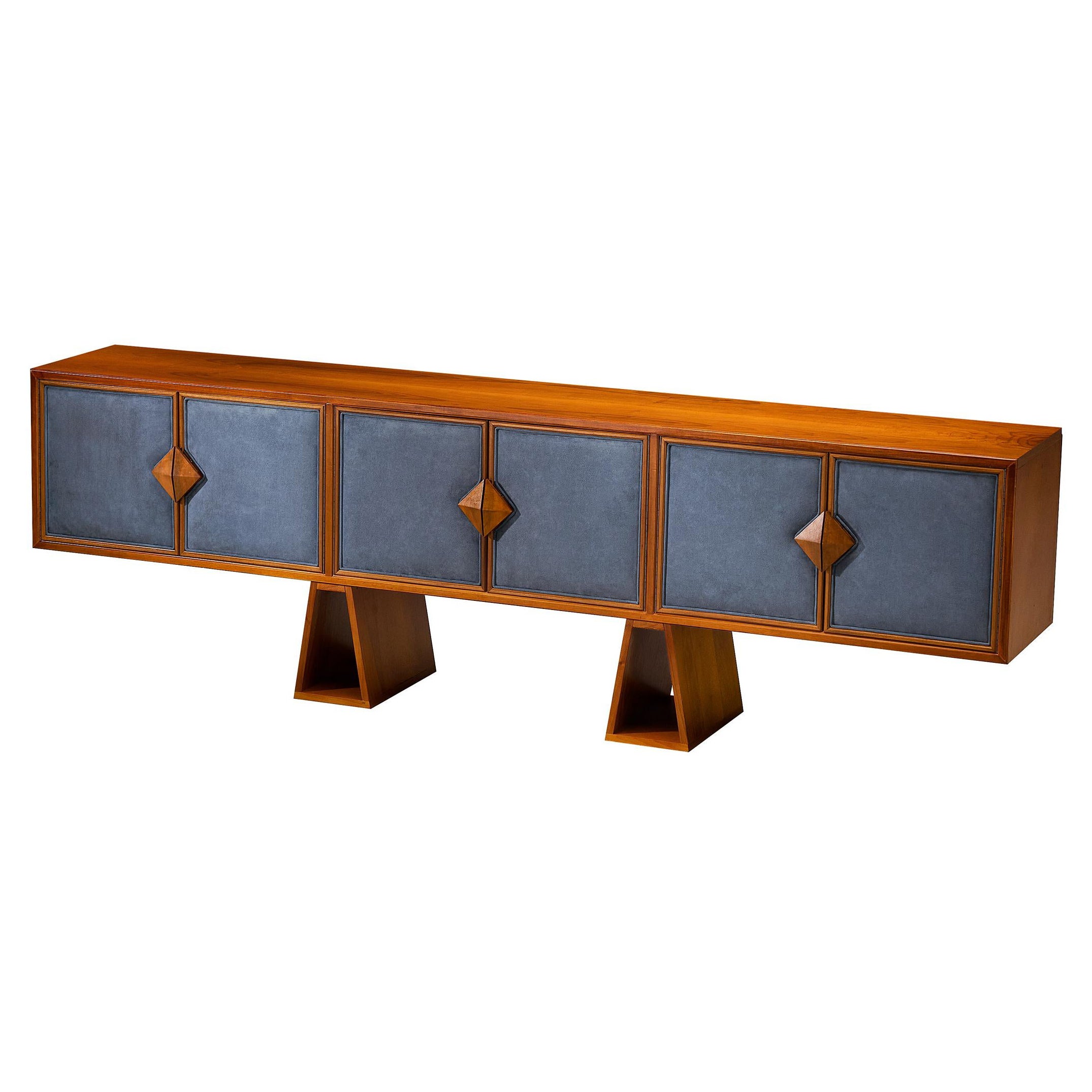 Luxurious Mid-Century Italian Walnut Sideboard with Blue Fabric Doors