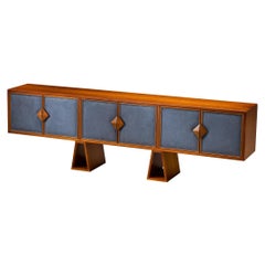 Luxurious Mid-Century Italian Walnut Sideboard with Blue Fabric Doors