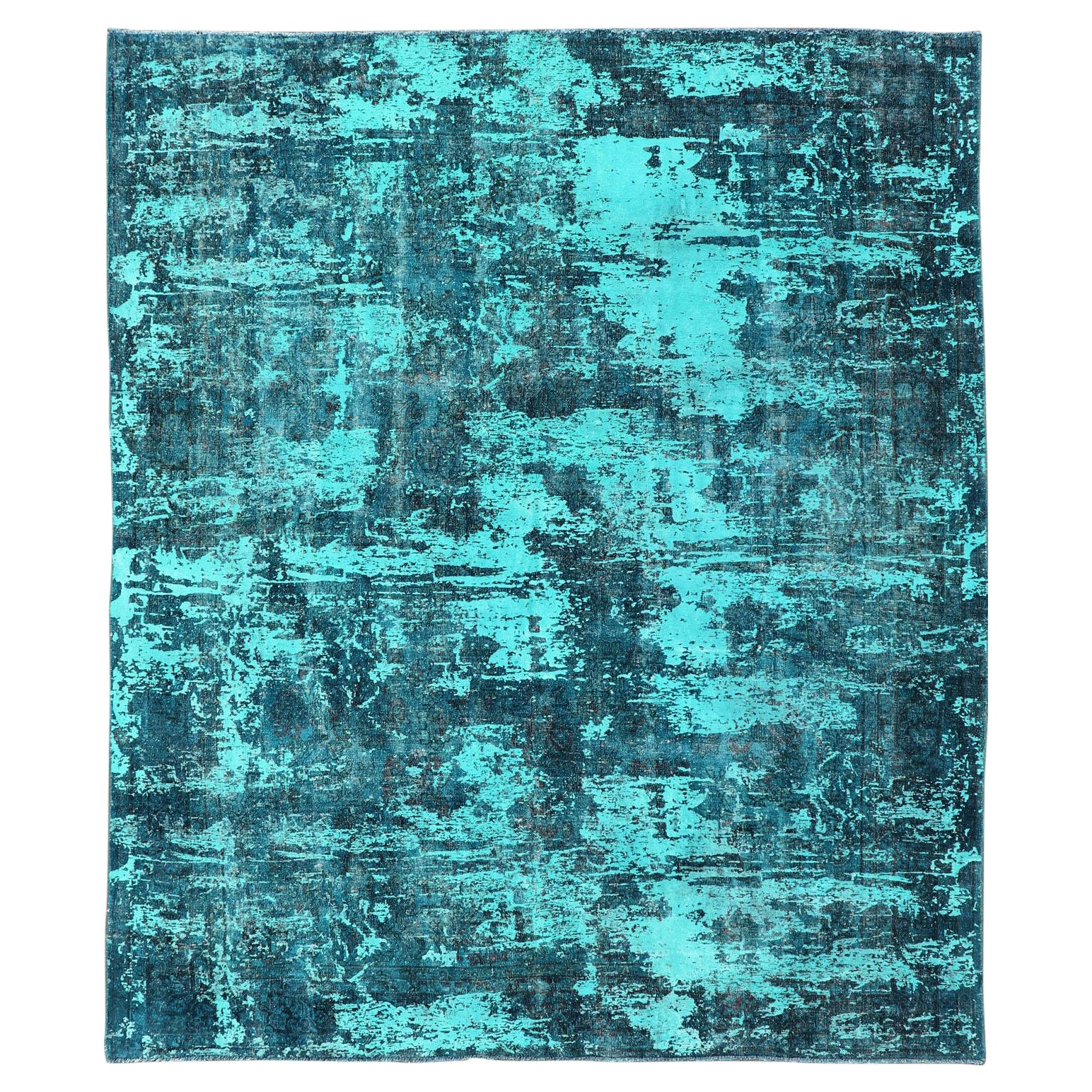 Lussuoso tappeto vintage dal design moderno con sfumature di blu, turchese, verde acqua e verde.