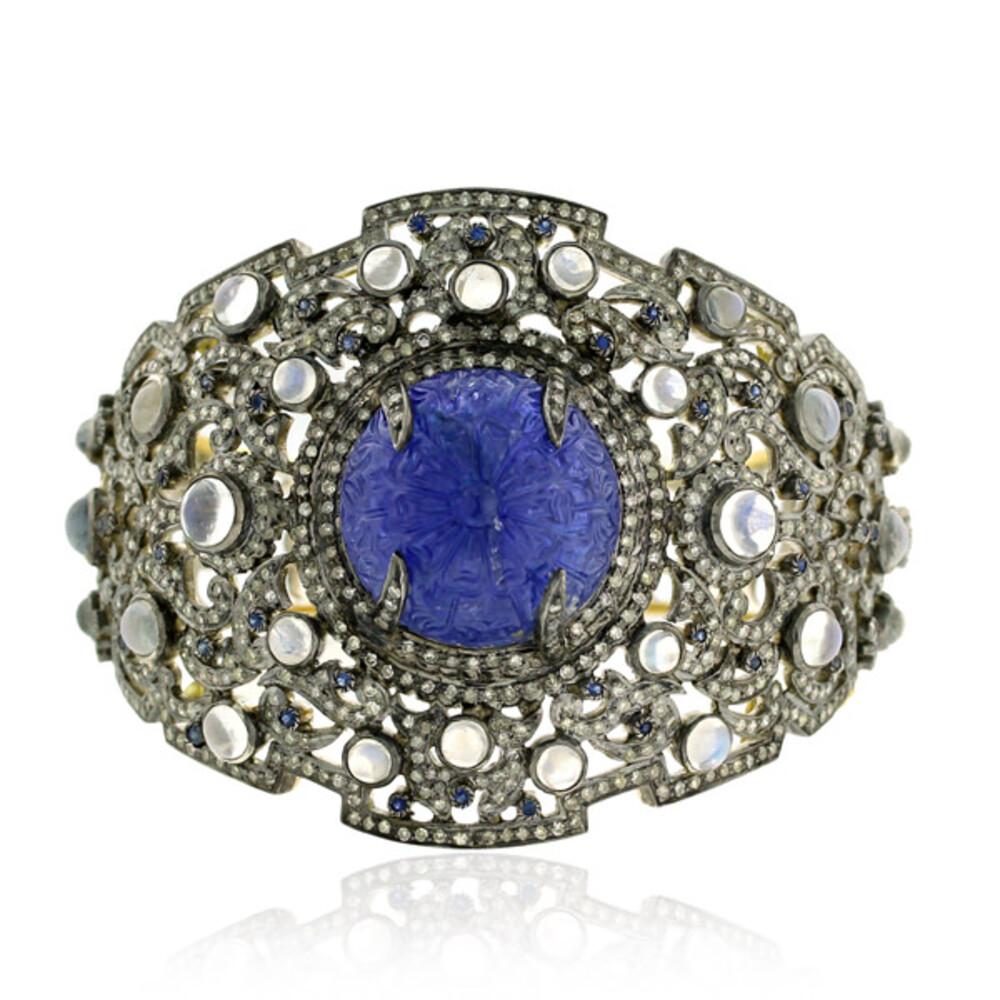 Artisan 81.82ct Center Stone Moonstone Bracelet With Sapphire & Diamond In Gold & Silver For Sale