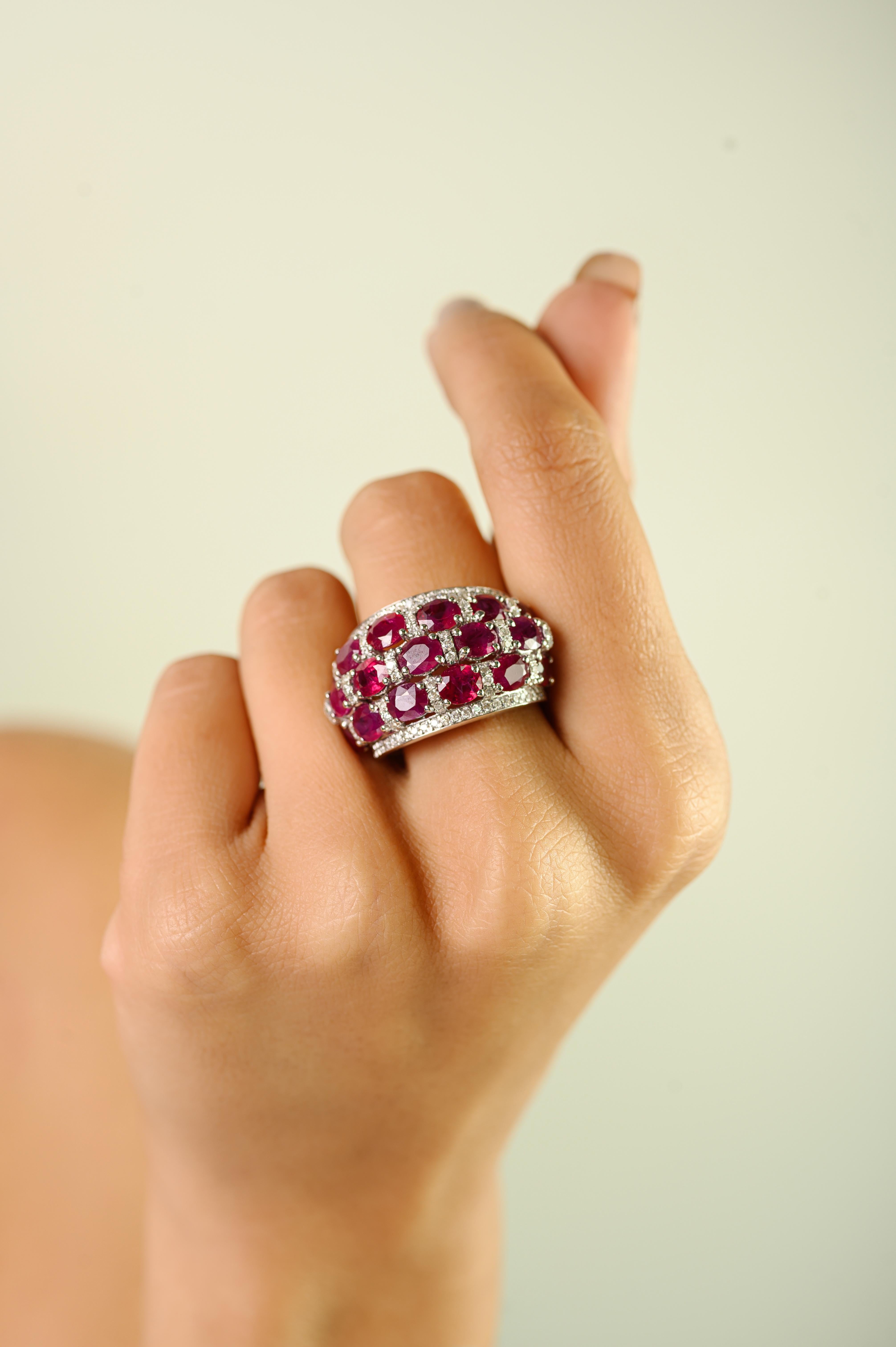 Im Angebot: Luxurious Multi-Row Ruby and Diamond Cocktail Ring made in 18K Solid White Gold () 2