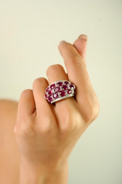 Luxurious Multi-Row Ruby and Diamond Cocktail Ring made in 18K Solid White Gold