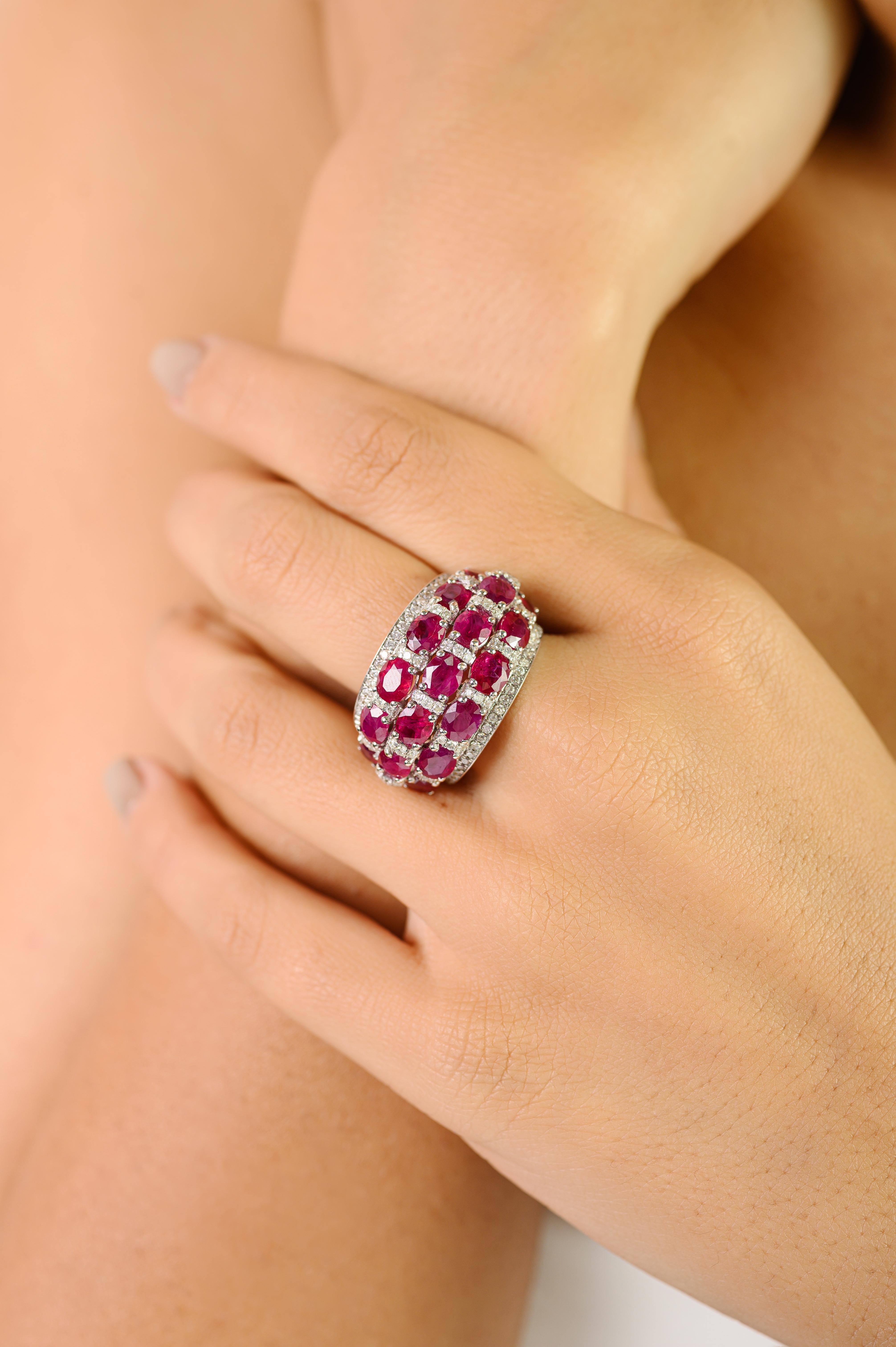 Im Angebot: Luxurious Multi-Row Ruby and Diamond Cocktail Ring made in 18K Solid White Gold () 6