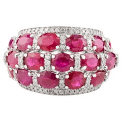 Luxurious Multi-Row Ruby and Diamond Cocktail Ring made in 18K Solid White Gold