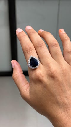 Luxurious Natural 18K White Gold 8.42ct Blue Sapphire & Diamond Halo Ring