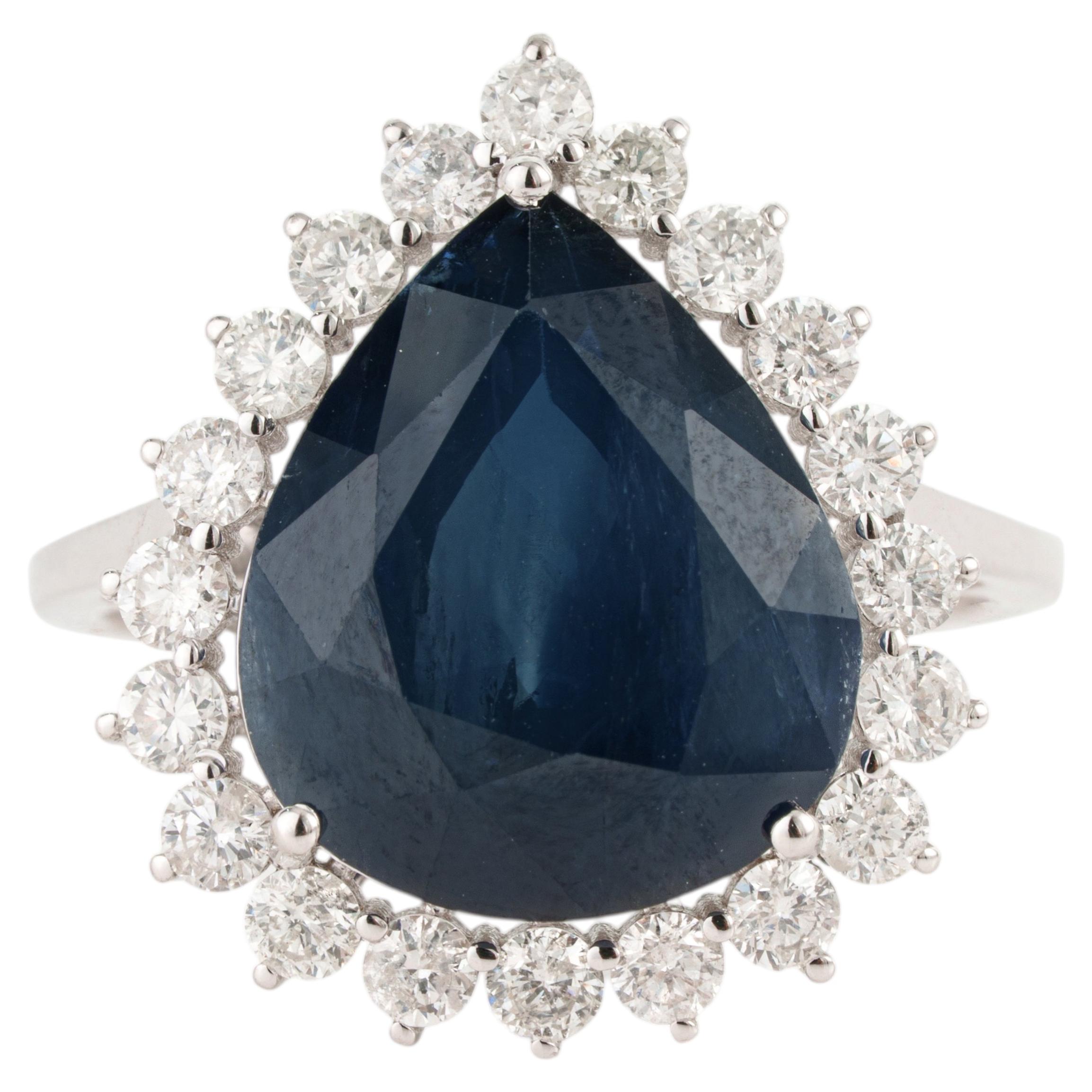 Luxurious Natural 18K White Gold 8.42ct Blue Sapphire & Diamond Halo Ring