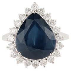 Luxurious Natural 18K White Gold 8.42ct Blue Sapphire & Diamond Halo Ring