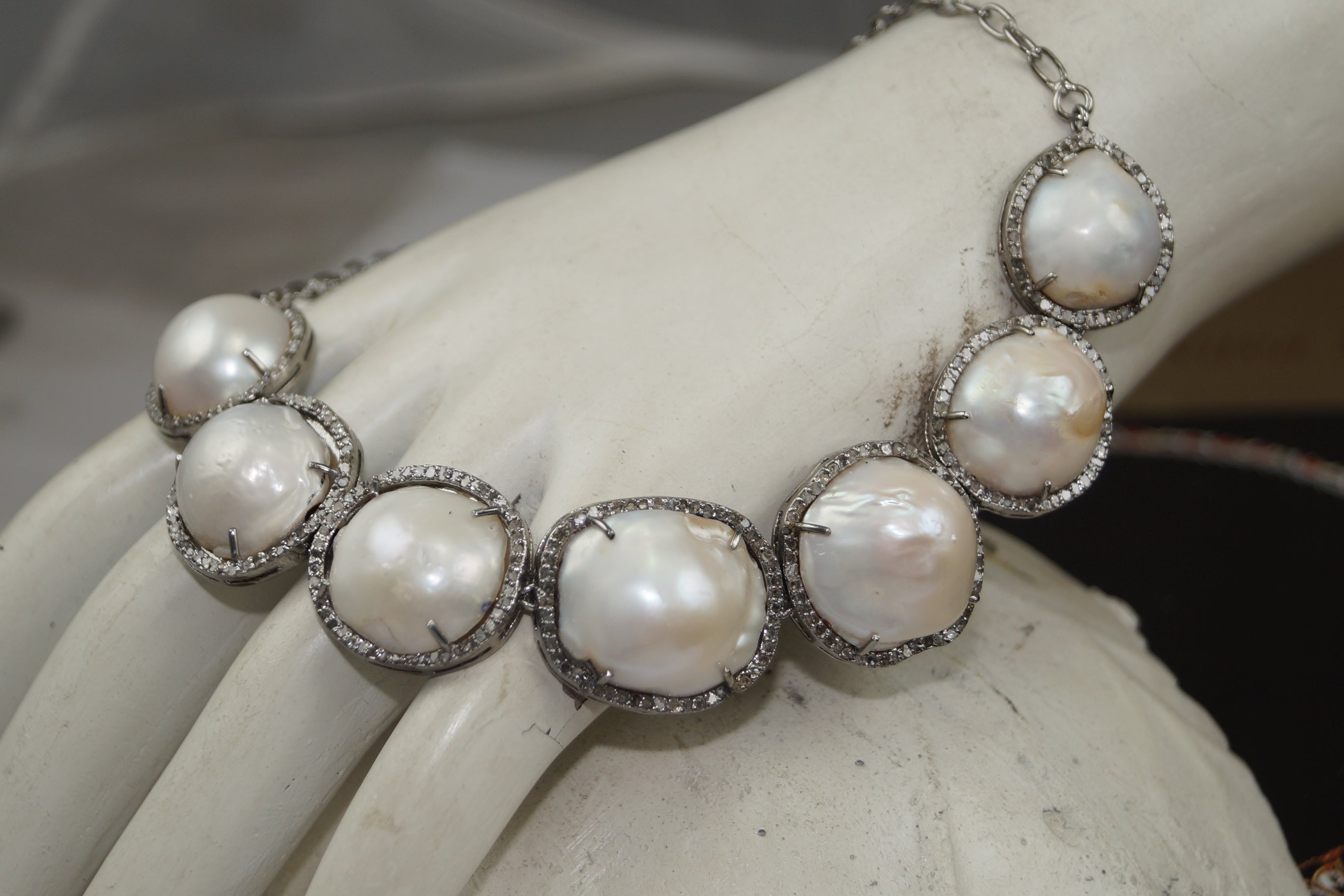 Contemporary Luxurious Natural baroque pearls pave diamonds sterling silver necklace For Sale