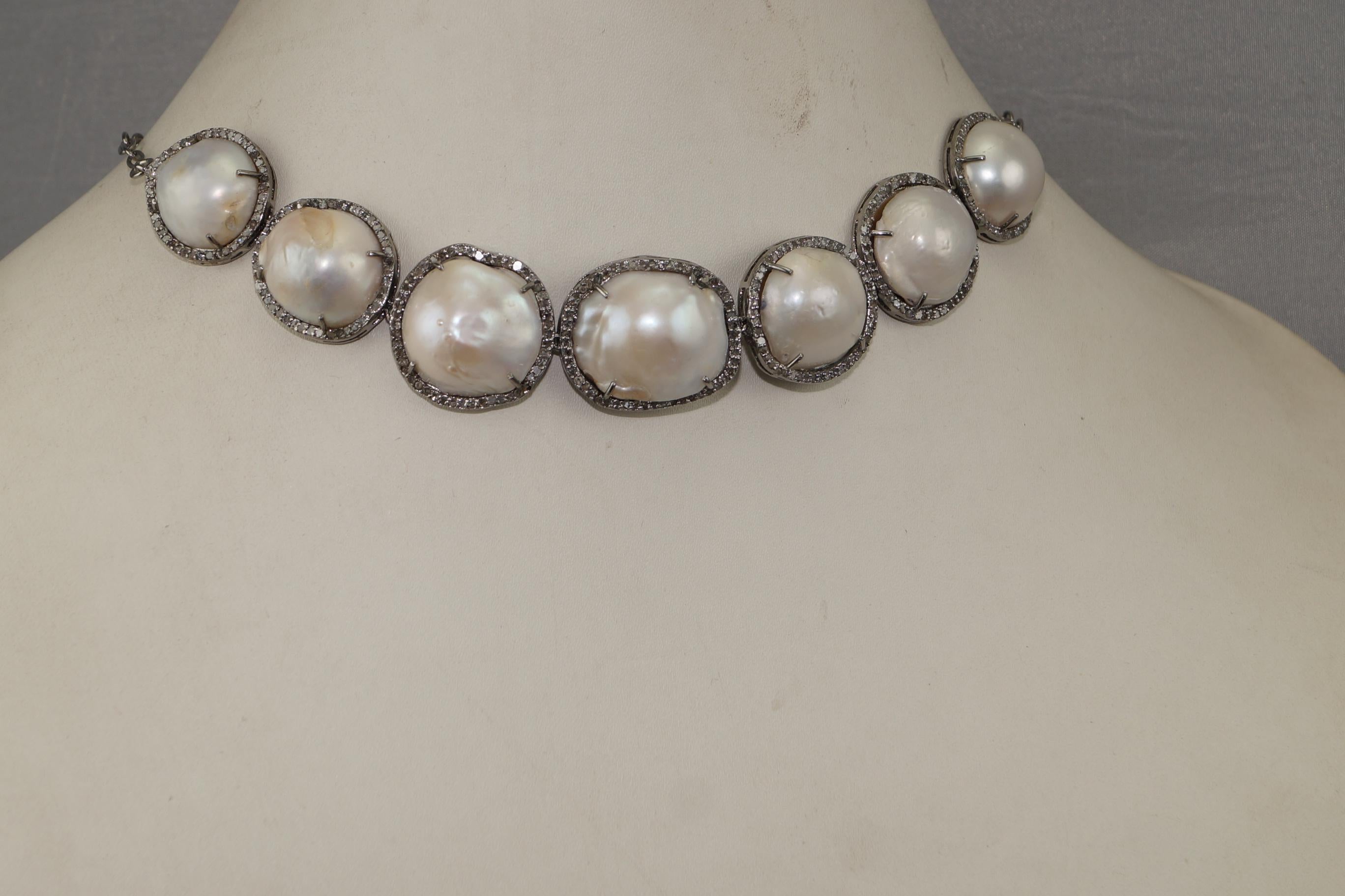 Women's or Men's Luxurious Natural baroque pearls pave diamonds sterling silver necklace For Sale