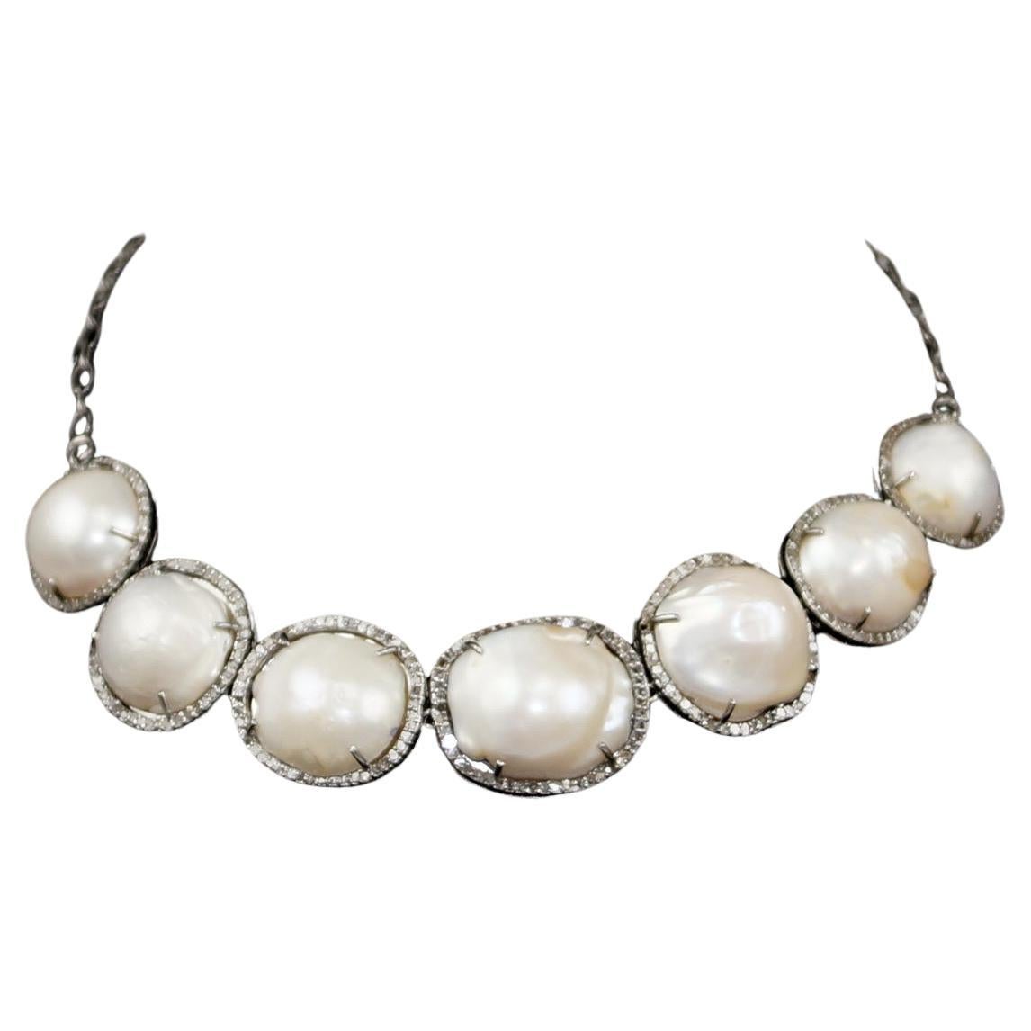 Luxurious Natural baroque pearls pave diamonds sterling silver necklace For Sale