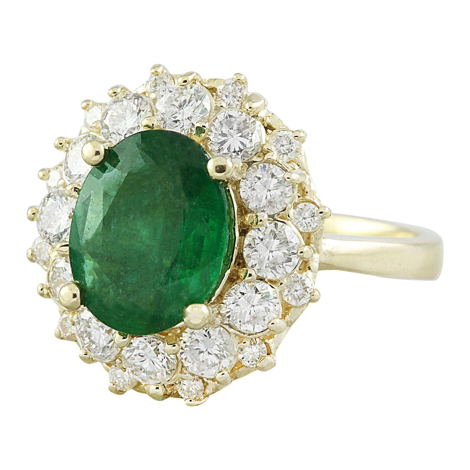Introducing our magnificent 3.16 Carat Natural Emerald Ring, expertly crafted in stunning 14 Karat Solid Yellow Gold. Authenticated with a stamped mark of 14K, this remarkable ring weighs a total of 4.8 grams, ensuring both grace and durability. At