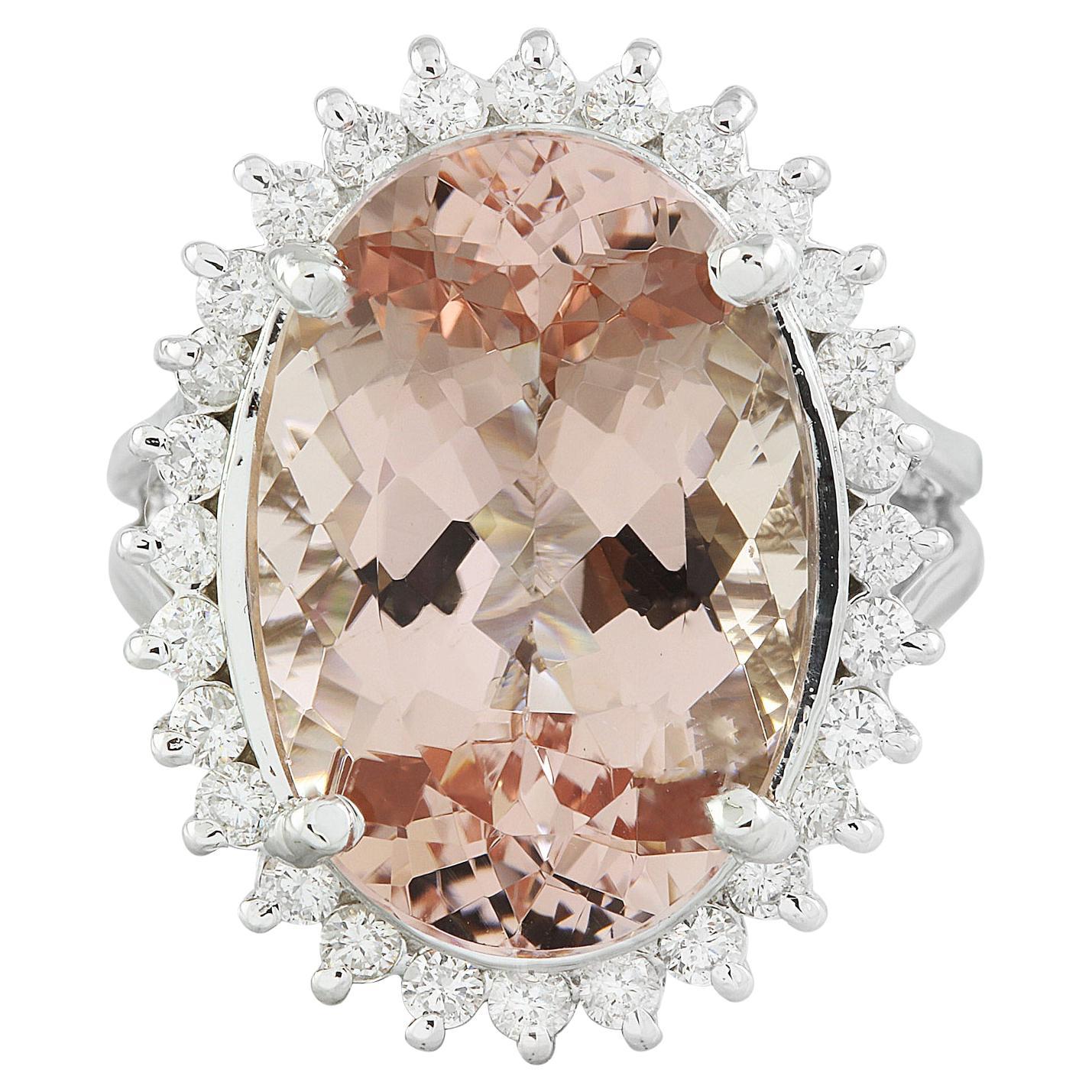 Luxurious Natural Morganite Diamond Ring in 14K Solid White Gold For Sale