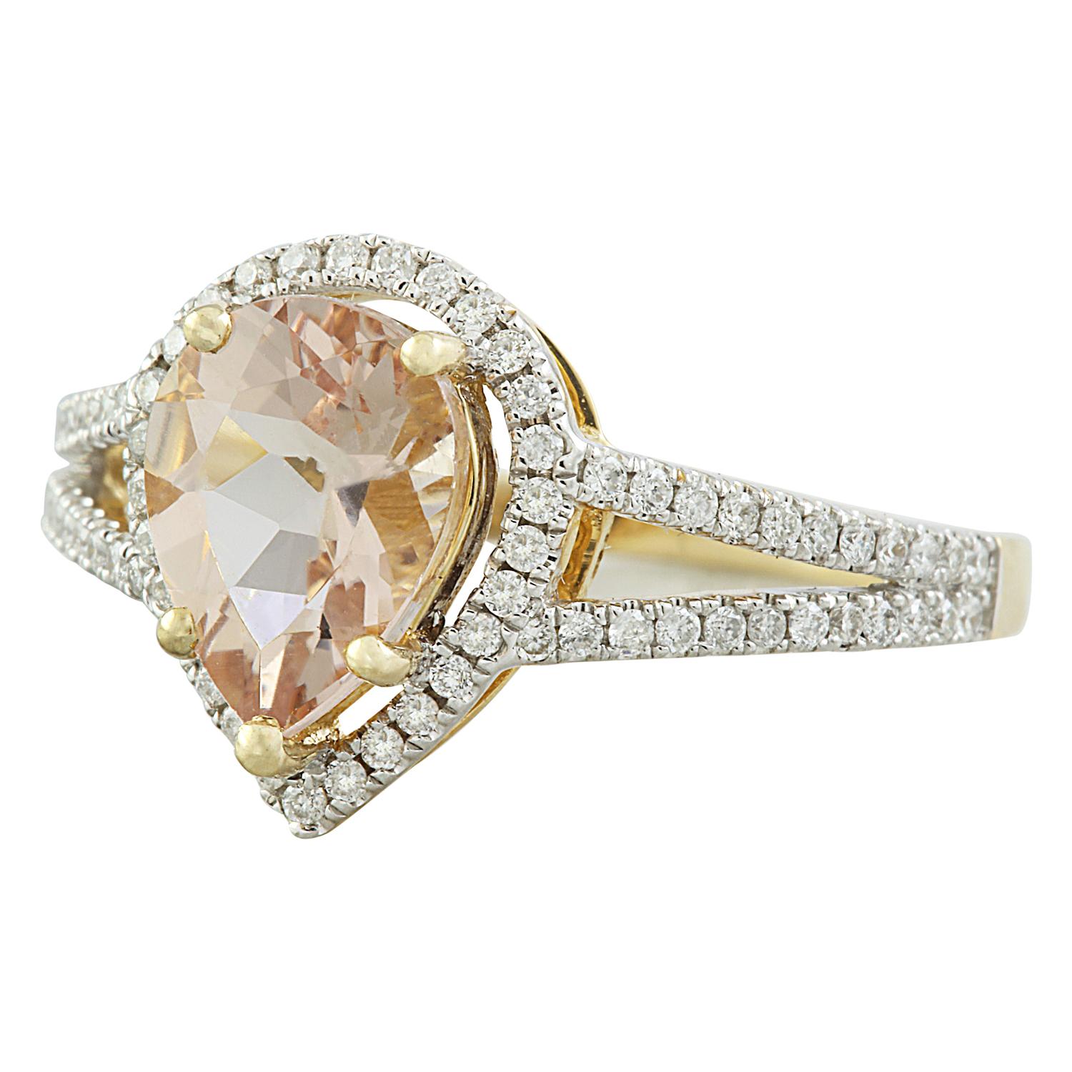 Introducing our elegant 2.32 Carat Natural Morganite Ring, meticulously crafted in radiant 14 Karat Solid Yellow Gold. Authenticated with a stamped mark of 14K, this exquisite ring weighs a total of 2.6 grams, promising both style and durability. At