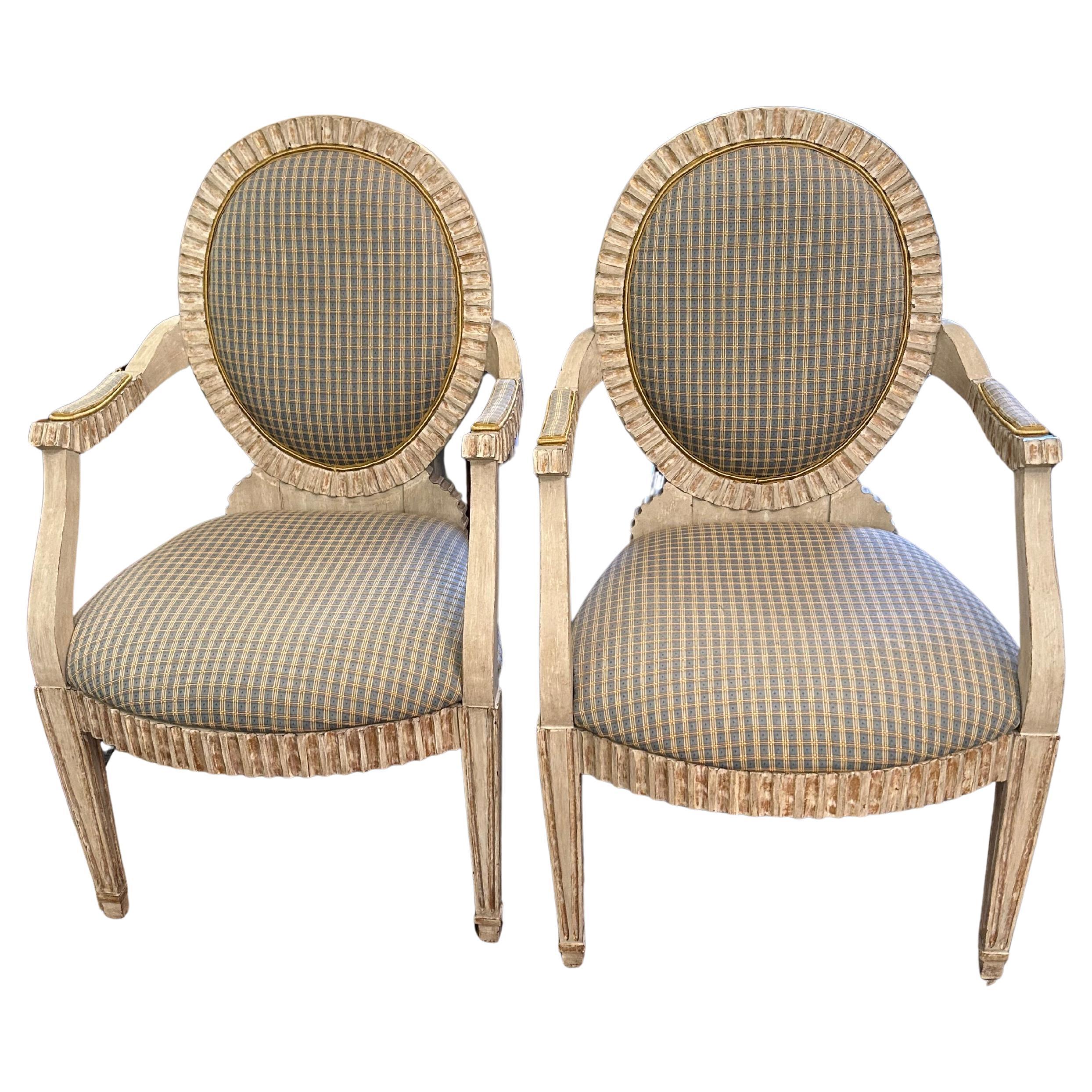 Luxurious Painted Carved Wood French Upholstered Bergeres Chairs