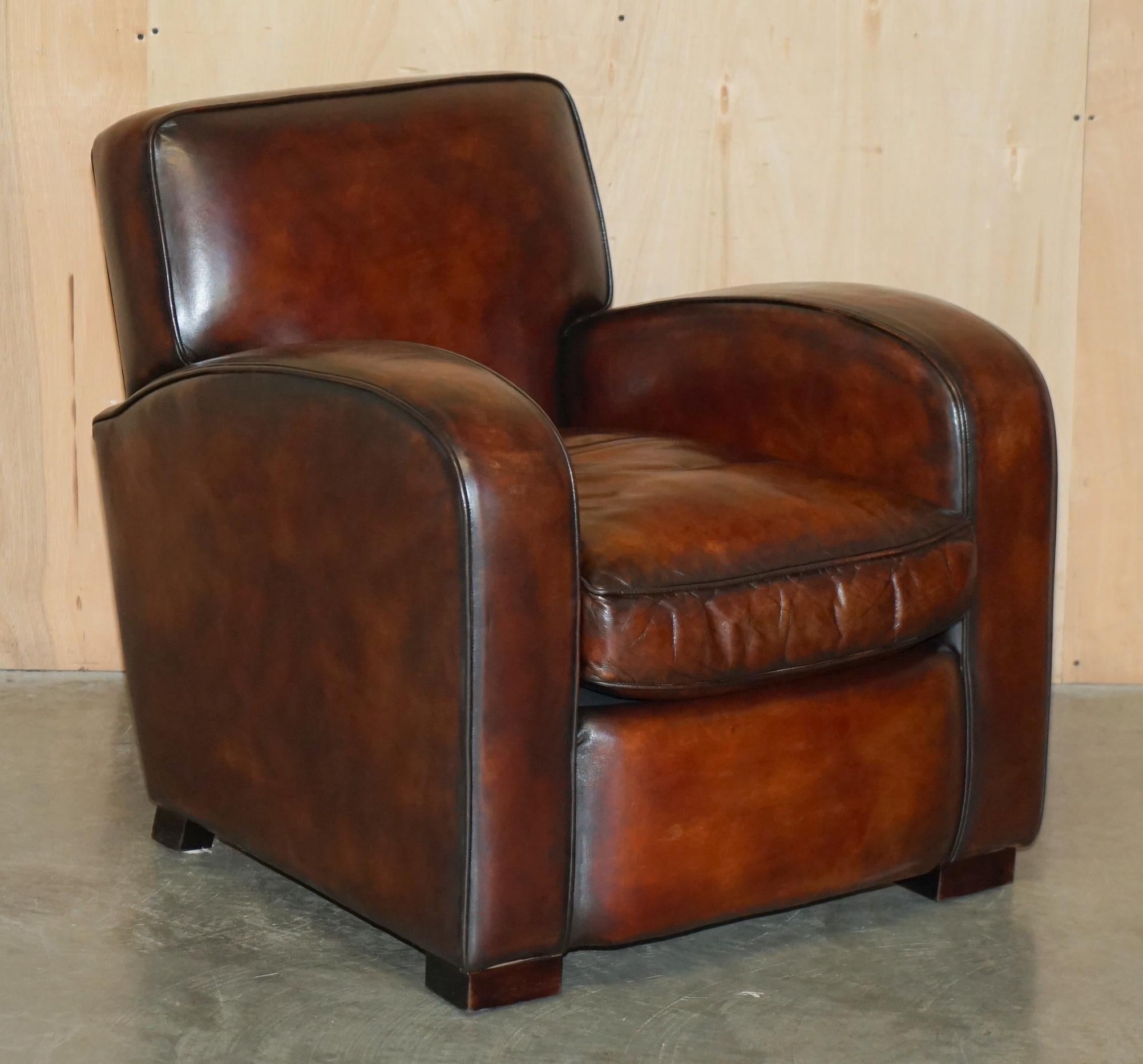 LUXURIOUS PAIR OF ART DECO FULLY RESTORED CIGAR BROWN LEATHER ARMCHAIRs in vendita 9