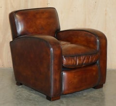 LUXURIOUS PAIR OF ART DECO FULLY RESTORED CIGAR BROWN LEATHER ARMCHAIRs