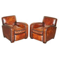 Luxueuse paire d'armoires club art déco en cuir marron cigare entièrement rénovée