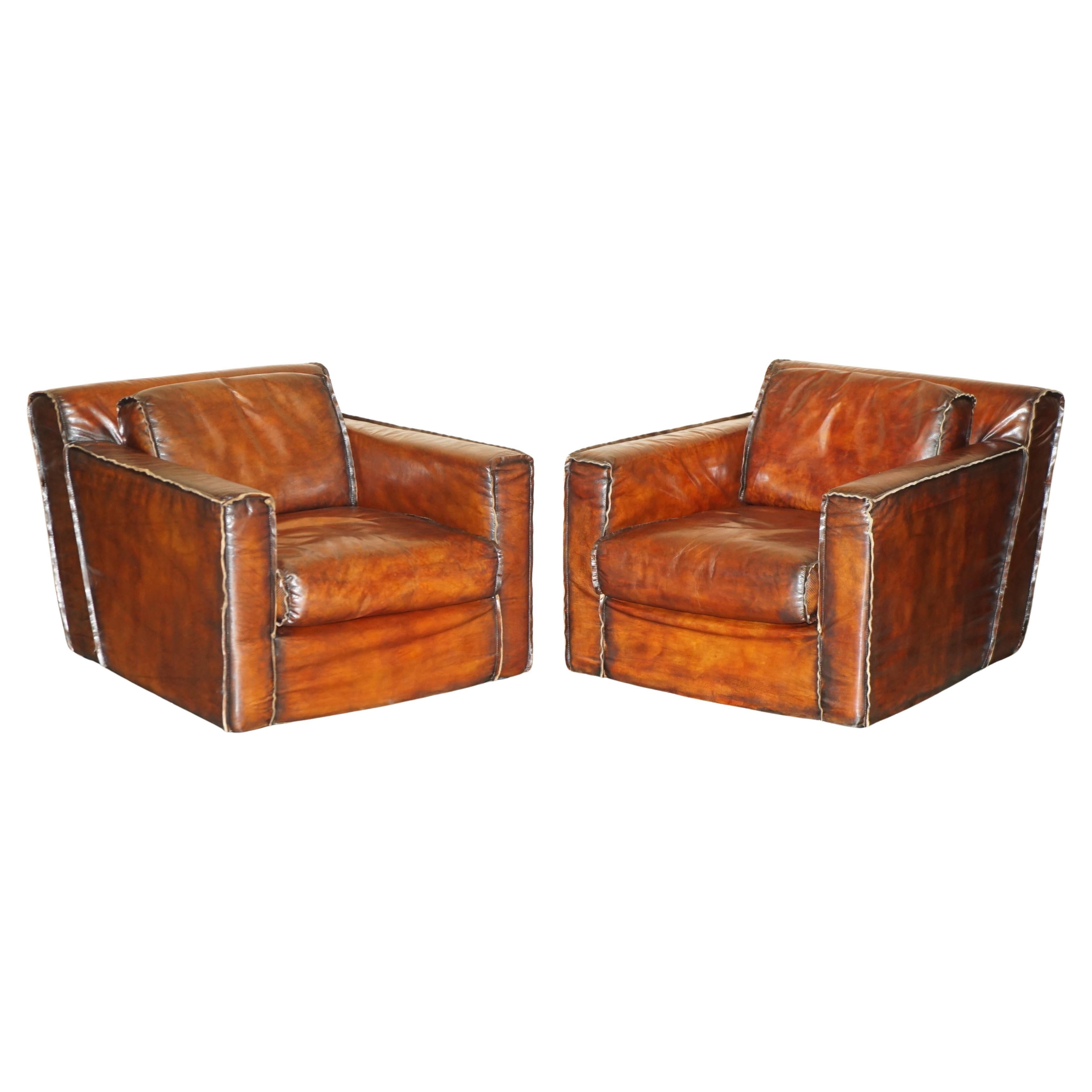 LUXURIOUS PAIR OF ART DECO FULLY RESTORED WHISKY BROWN LEATHER CLUB ARMCHAIRs