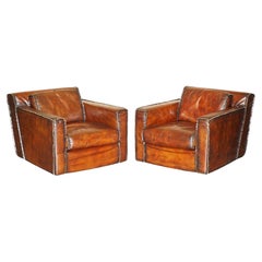 LUXURIOUS PAIR OF ART DECO FULLY RESTORED WHISKY BROWN LEATHER CLUB ARMCHAIRs