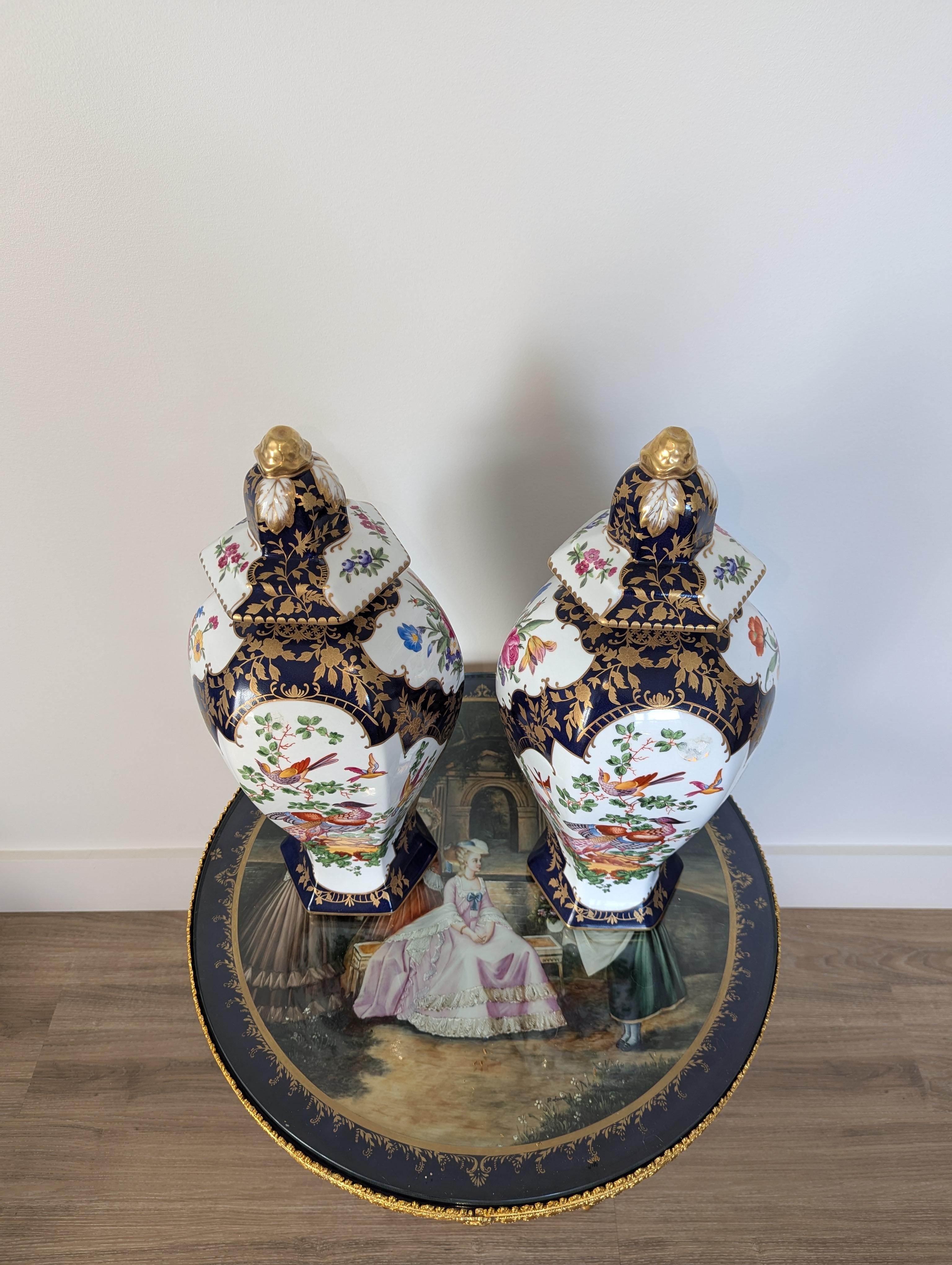 Chinoiserie Luxurious Pair Of Cobalt Blue & Floral Gilt Chelsea House Peacock Urns For Sale