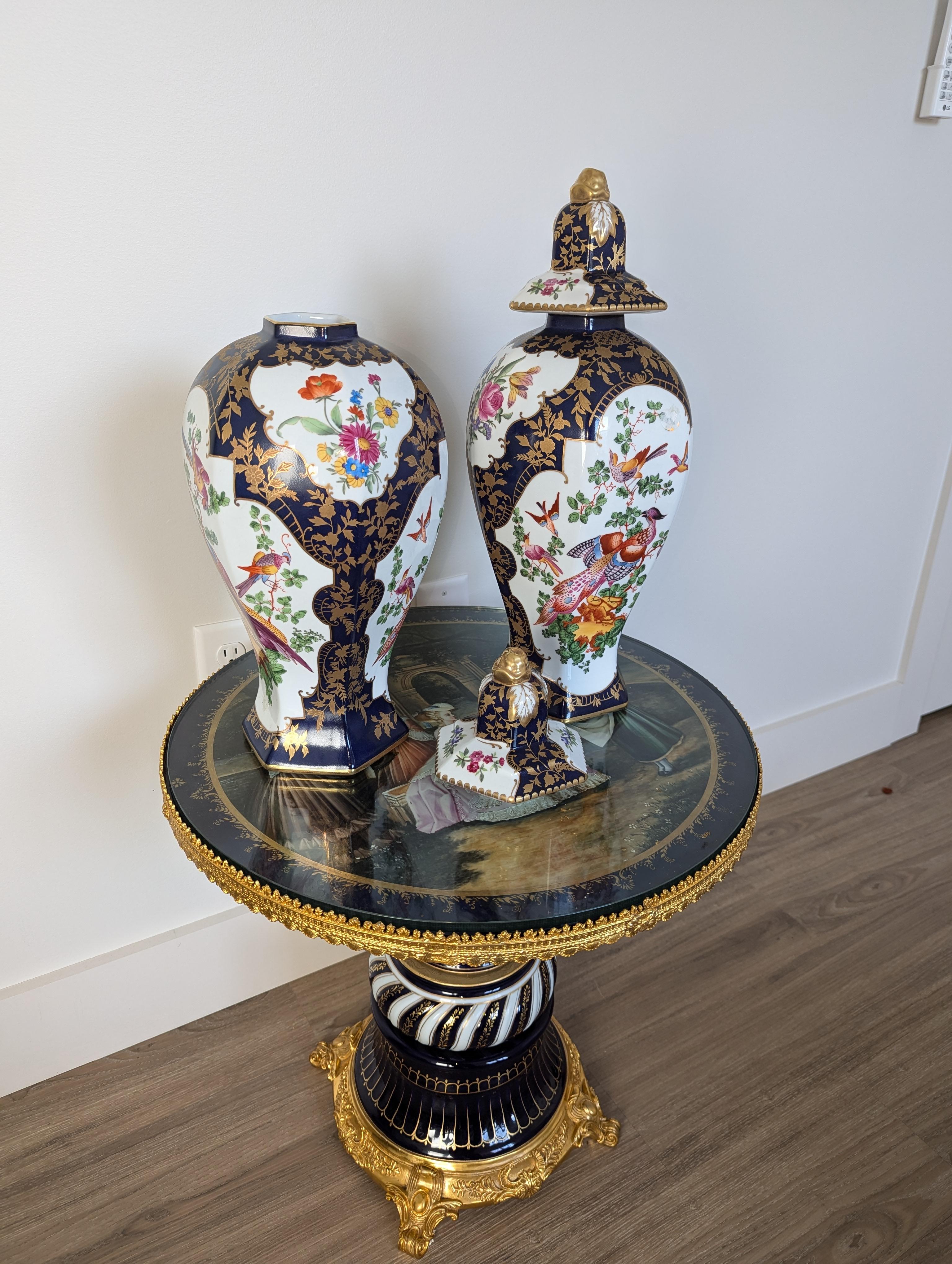 Luxurious Pair Of Cobalt Blue & Floral Gilt Chelsea House Peacock Urns In Excellent Condition For Sale In New Milford, CT