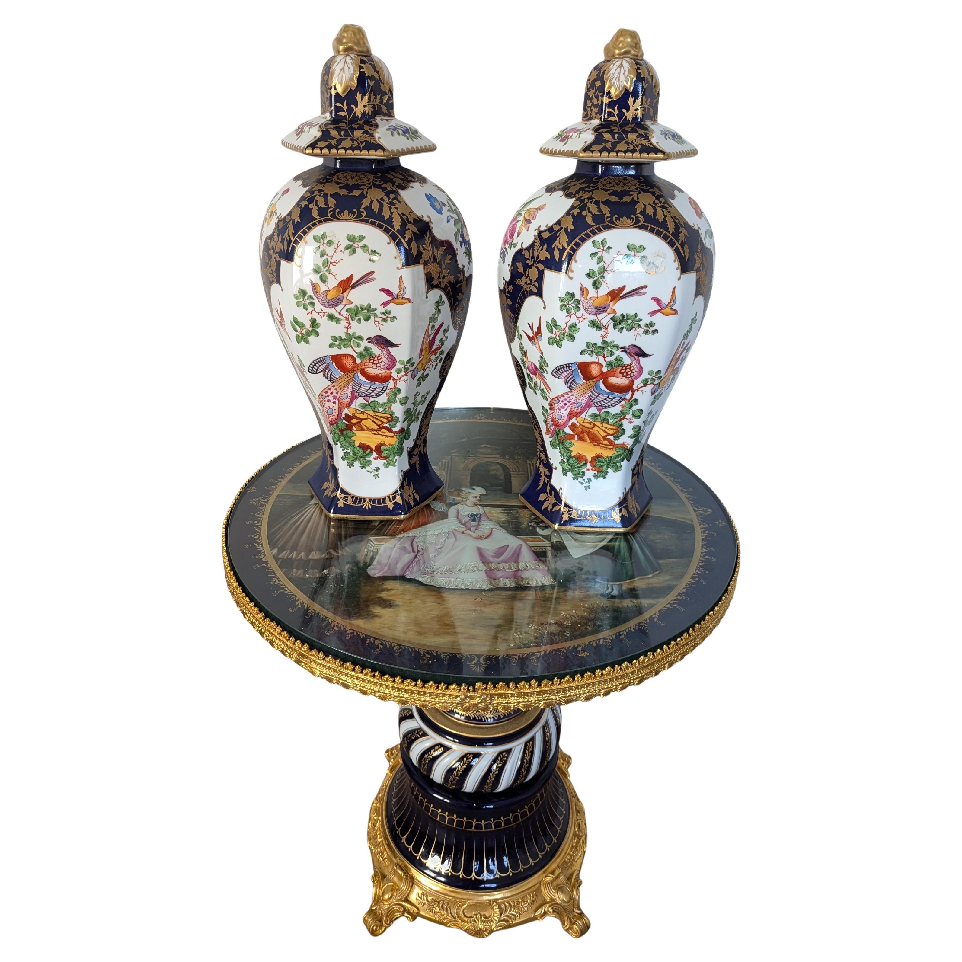Luxurious Pair Of Cobalt Blue & Floral Gilt Chelsea House Peacock Urns For Sale