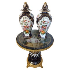 Luxurious Pair Of Cobalt Blue & Floral Gilt Chelsea House Peacock Urns