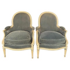 Luxurious Pair of French Louis XVI Bergere Chairs with Mohair Upholstery