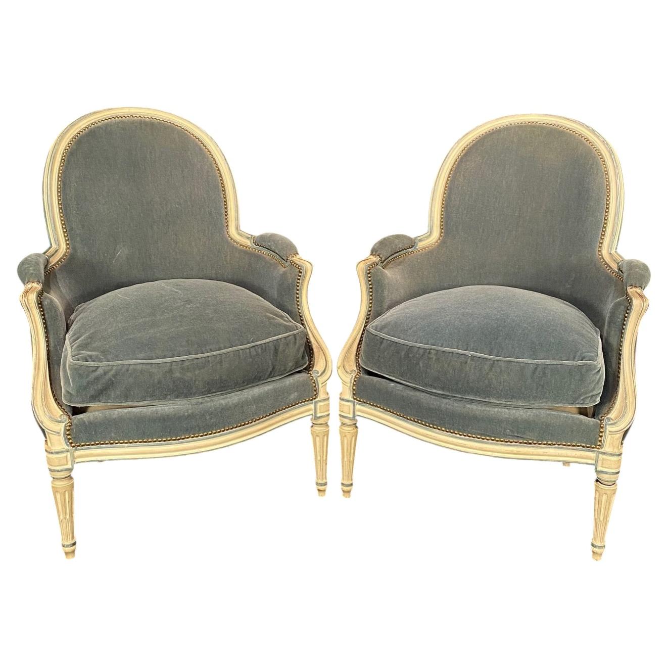 Luxurious Pair of French Louis XVI Bergere Chairs with Mohair Upholstery