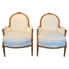 Luxurious Pair of French Louis XVI Carved Walnut Armchairs Bergere Chairs