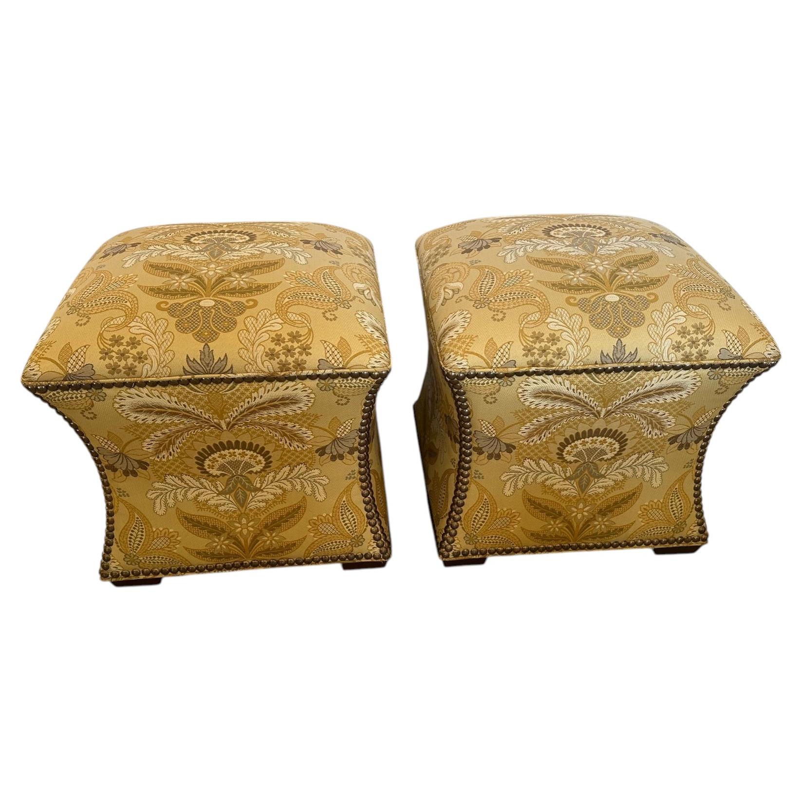 Luxurious Pair of Upholstered Stools with Nailheads