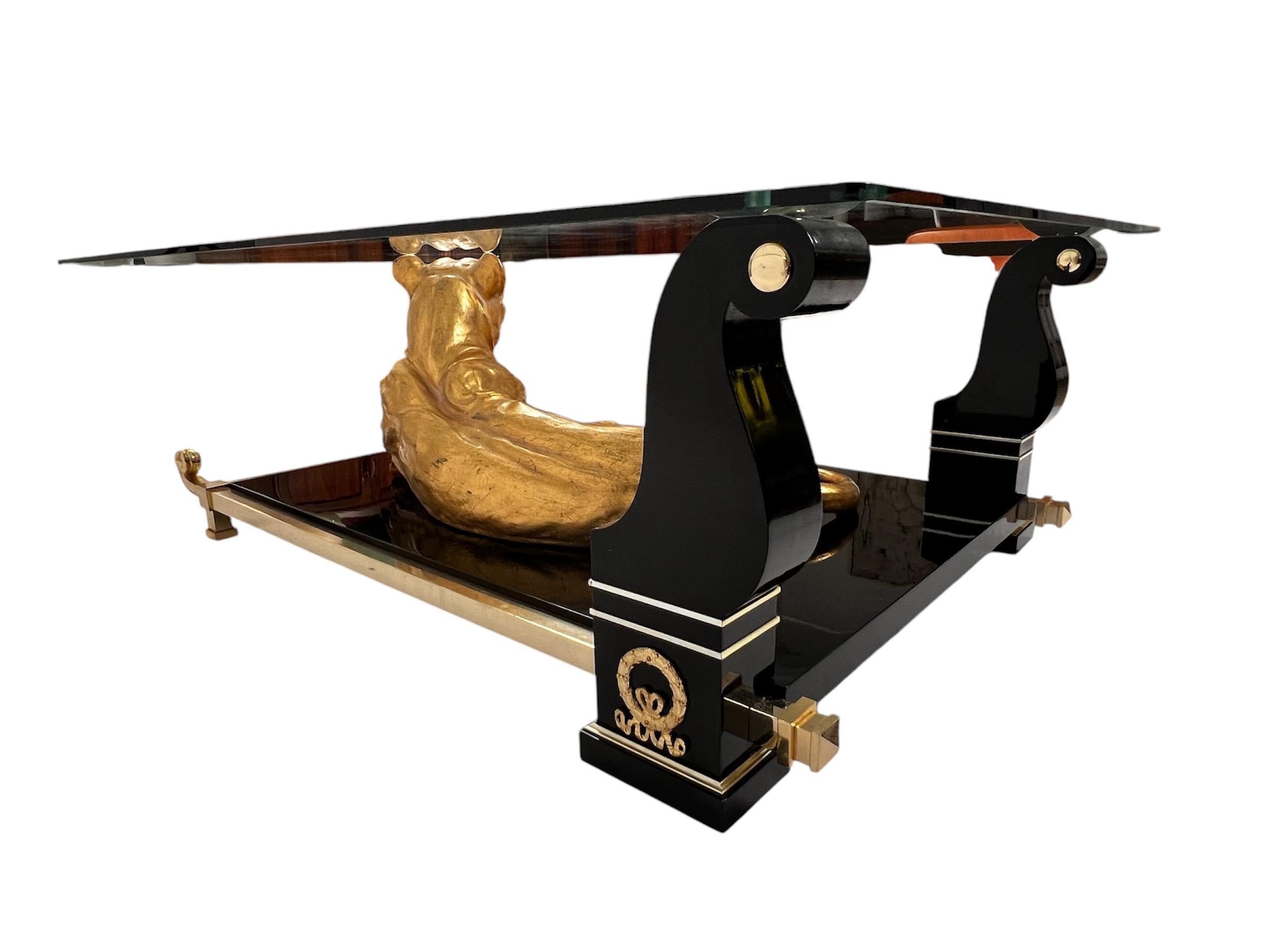 Annerito Lussuoso tavolino di design nero pianoforte con foglia d'oro Panther in vendita