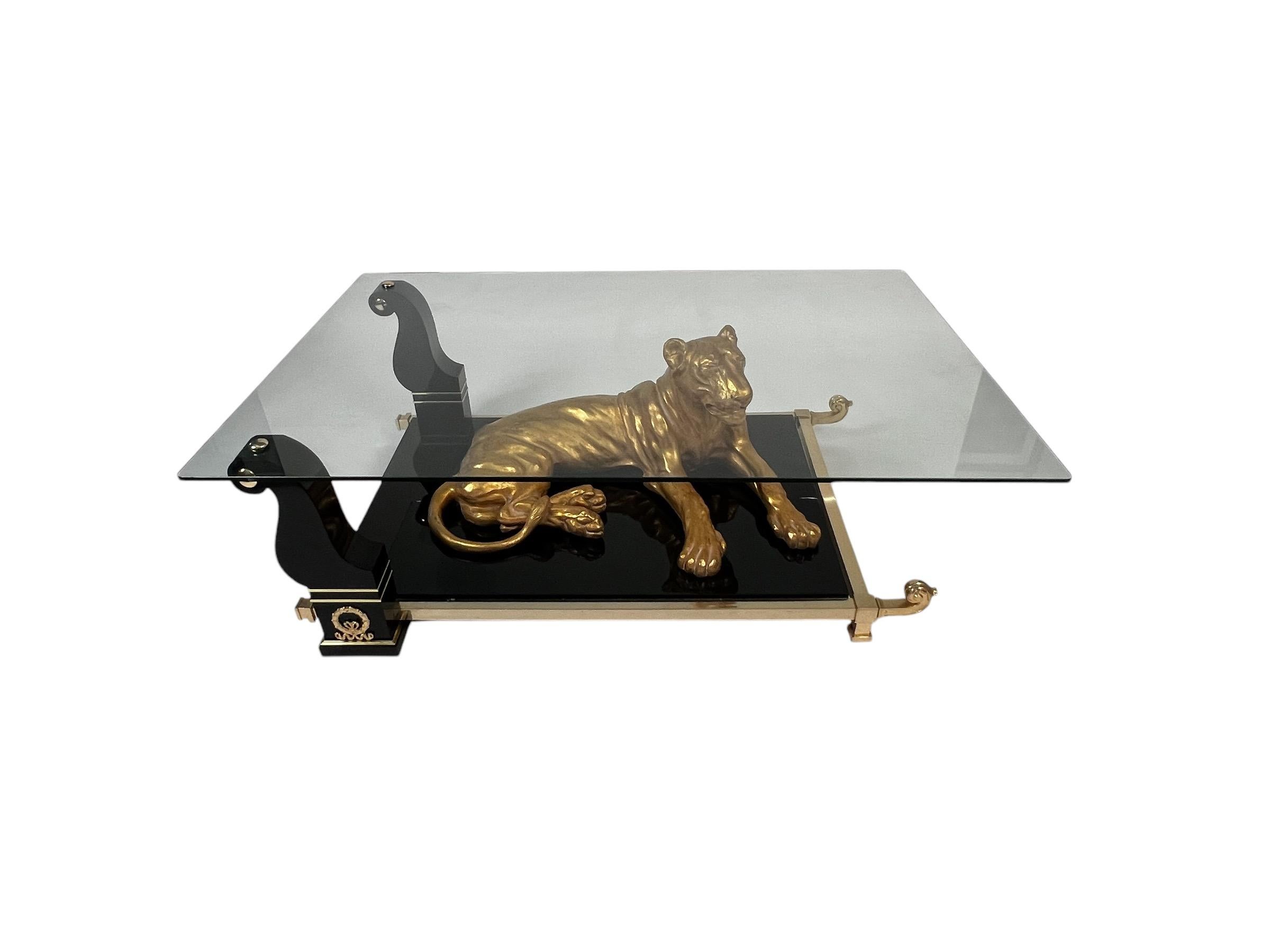 XX secolo Lussuoso tavolino di design nero pianoforte con foglia d'oro Panther in vendita