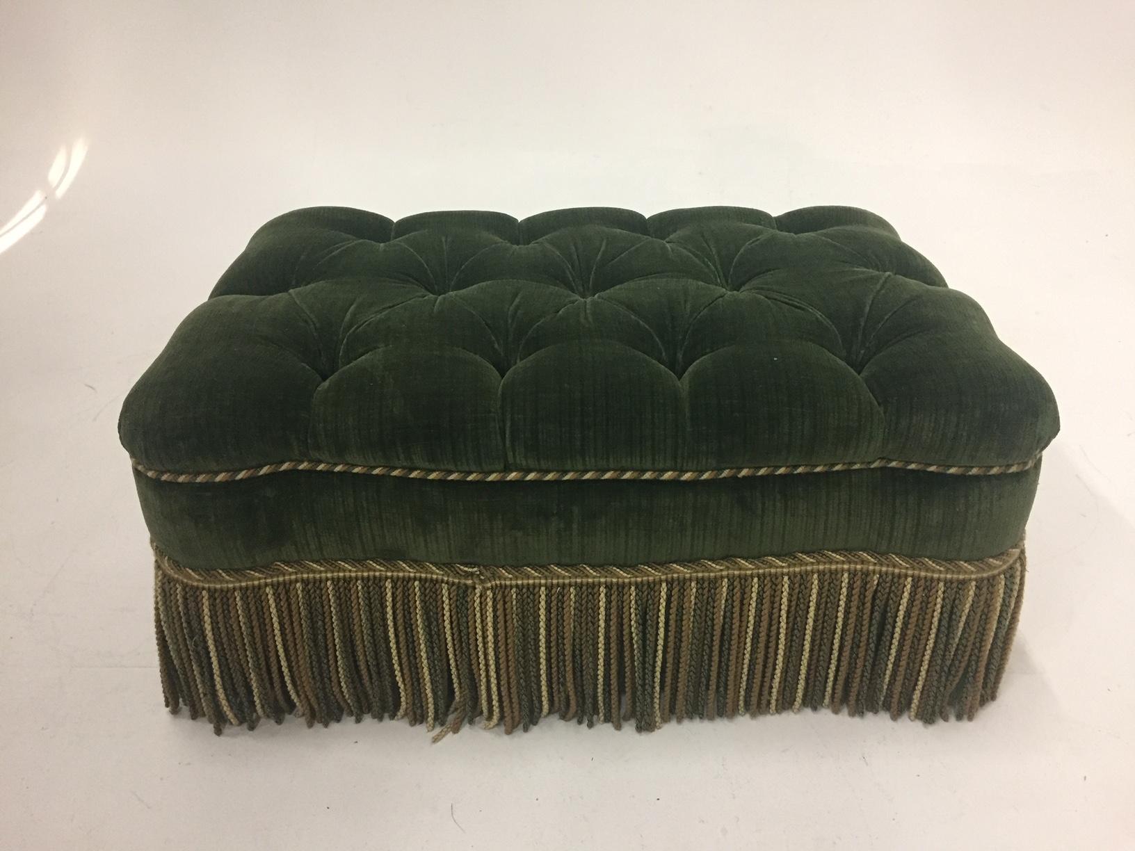 American Luxurious Rectangular Green Tufted Mohair Ottoman with Fringe