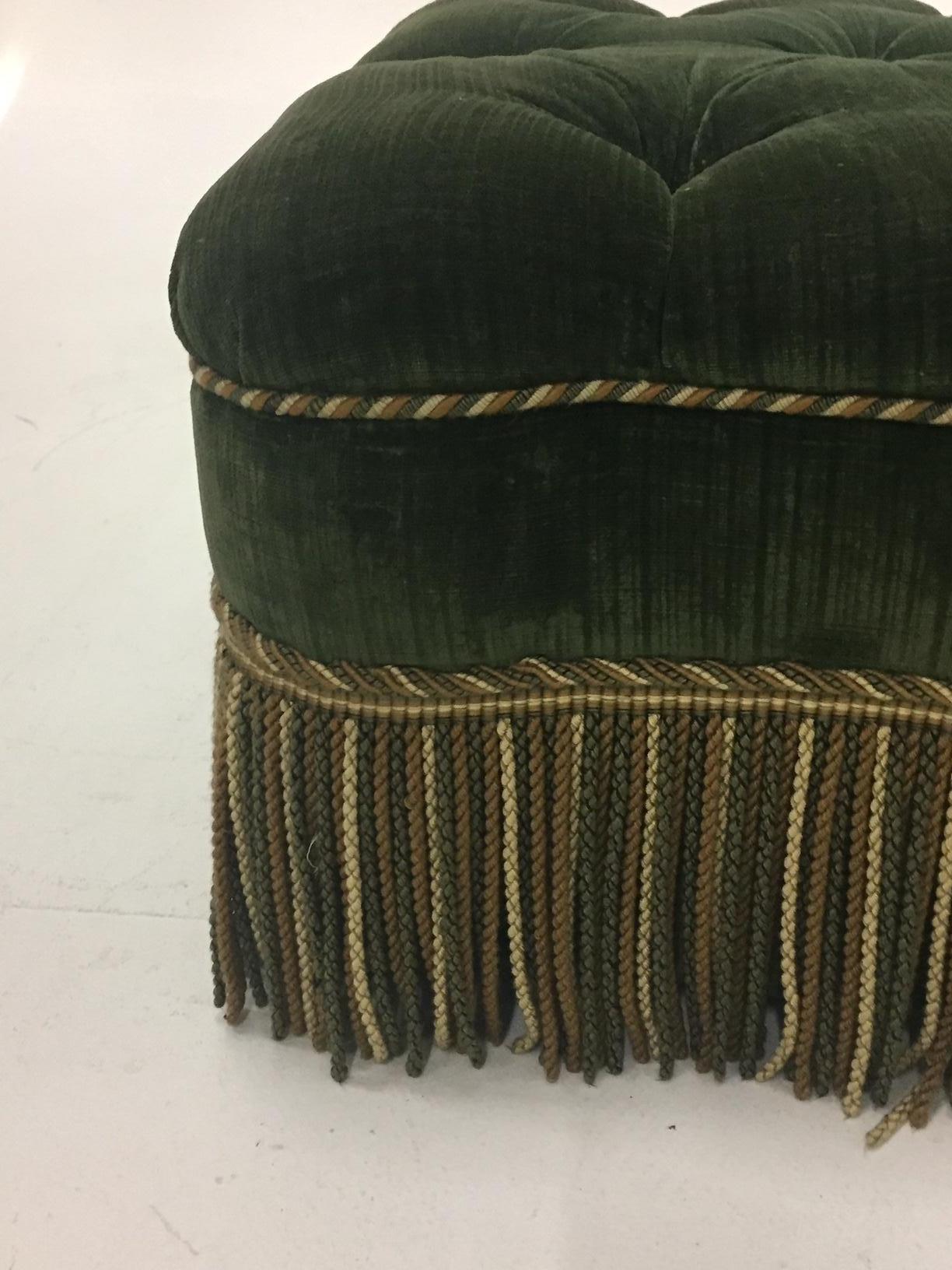 Late 20th Century Luxurious Rectangular Green Tufted Mohair Ottoman with Fringe