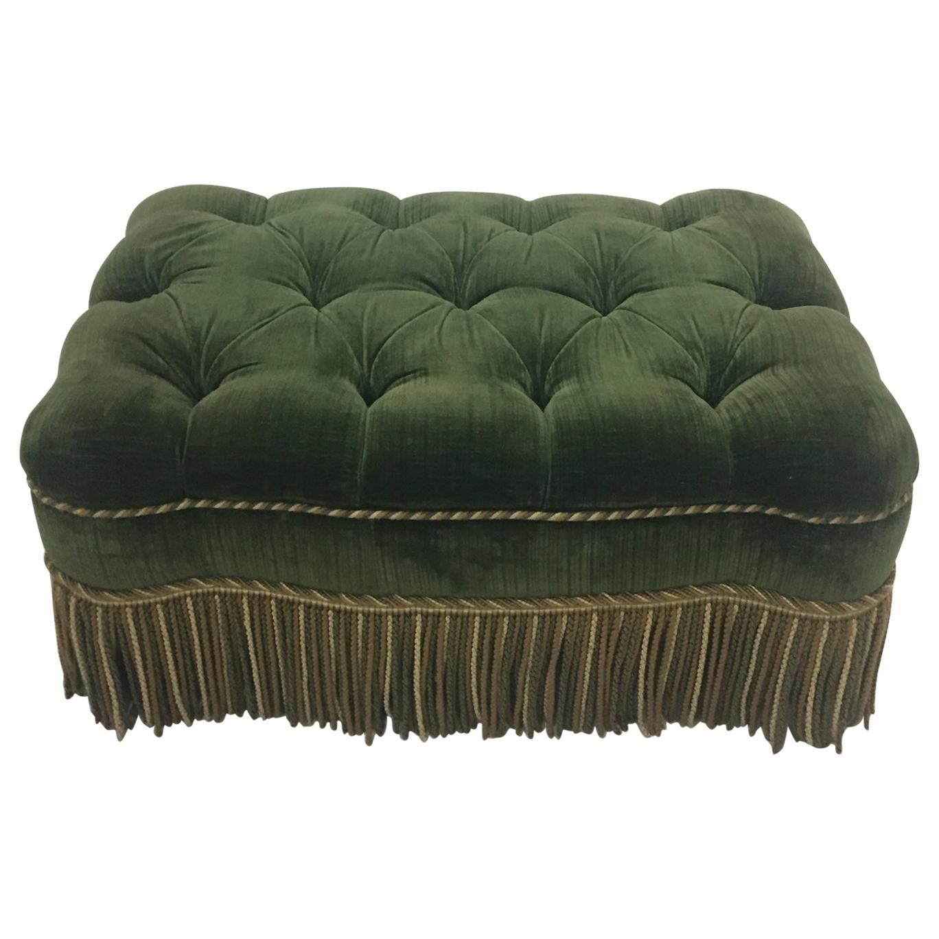 Luxurious Rectangular Green Tufted Mohair Ottoman with Fringe