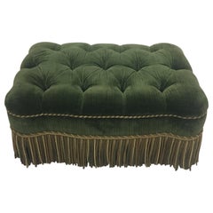 Vintage Luxurious Rectangular Green Tufted Mohair Ottoman with Fringe