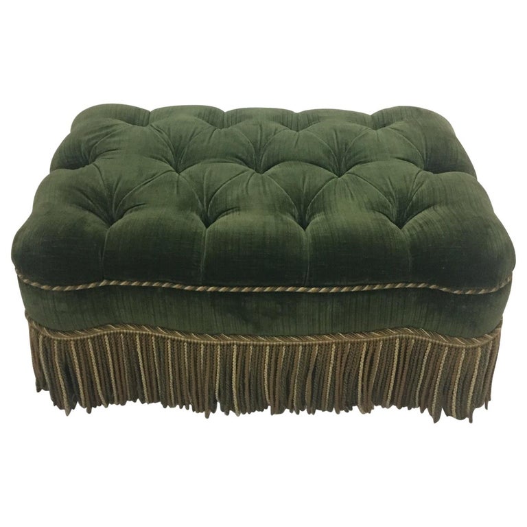Luxurious Rectangular Green Tufted Mohair Ottoman with Fringe at