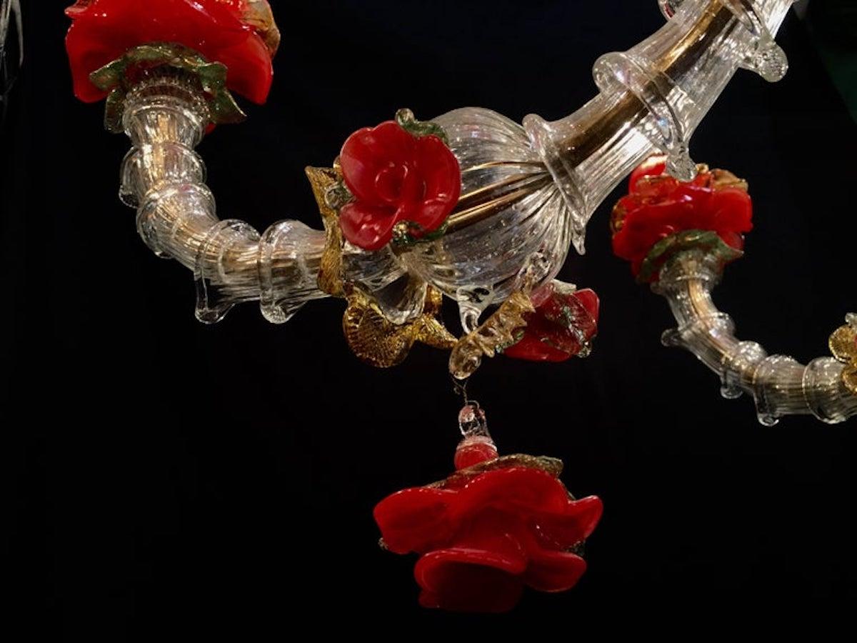 Lustre luxueux en verre de Murano rouge et or des années 1980 en vente 1