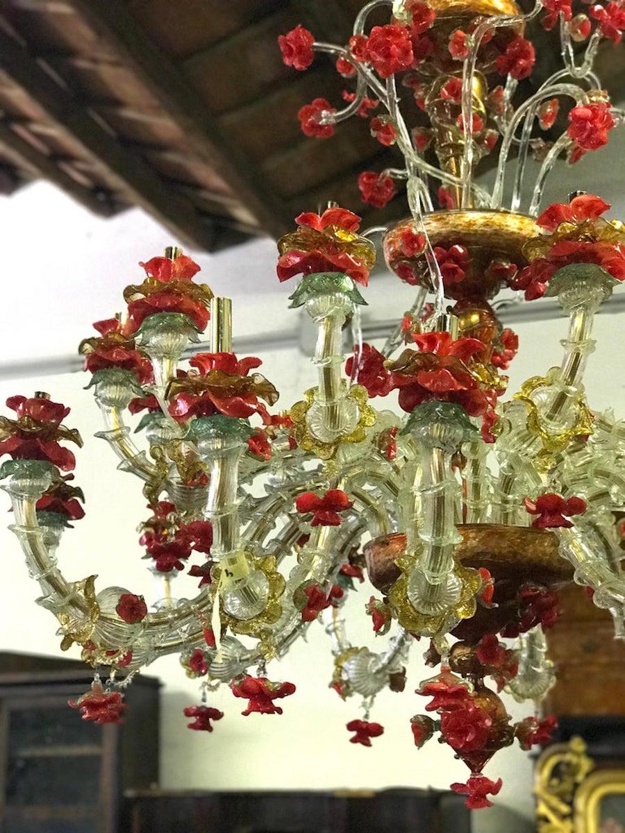 Lustre luxueux en verre de Murano rouge et or des années 1980 en vente 2